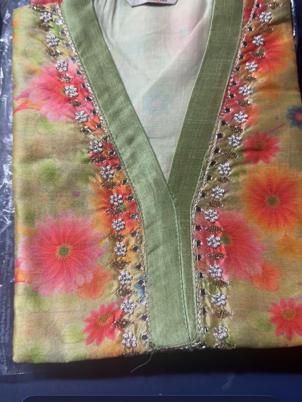 Floral Embroidered V-Neck Women’s silk 3 piece kurta set Green & Pink